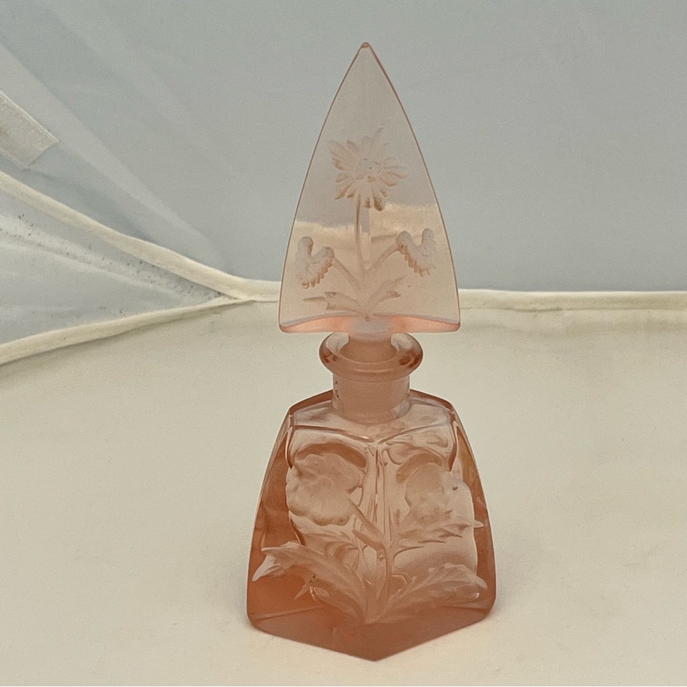 Vintage Pick Art Deco Czech Glass Perfume Bottle Etched Flower Detail